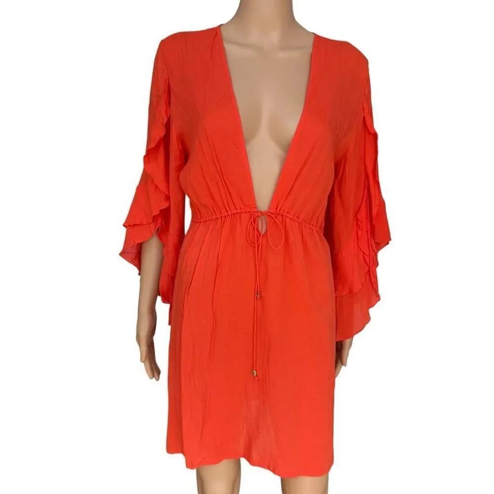 ViX Paula Hermanny Solid Nubia Tunic red orange vibrant swim cover-up size M NWT